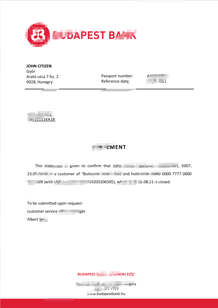 匈牙利布达佩斯银行推荐信模板版本2Recommendation letter template version 2 from a bank in Budapest, Hungary-橙黄跨境，美国英国法国德国意大利各国证件驾照ID一个专业证件ID帮你KYC一路前行的网站