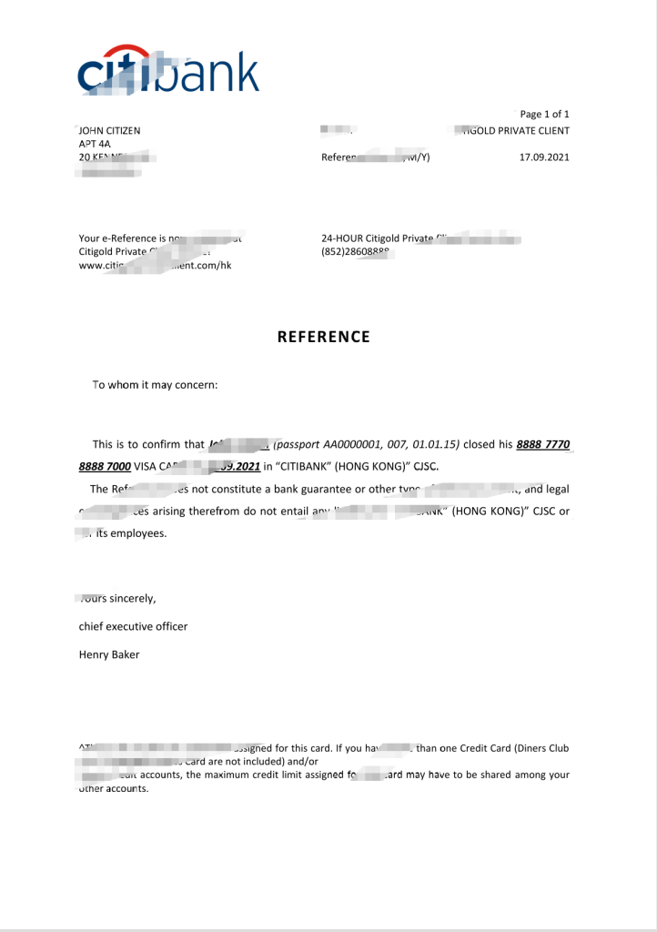 香港花旗银行推荐信模板第二版Hong Kong Citibank Bank Reference Letter Template Version 2-橙黄跨境，美国英国法国德国意大利各国证件驾照ID一个专业证件ID帮你KYC一路前行的网站