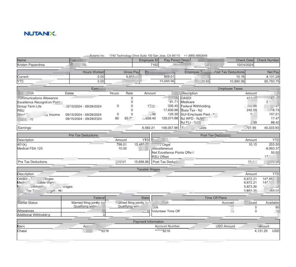 美国 Nutanix 工资单 Word 和 PDF 模板USA Nutanix Paystub Word And PDF Template-橙黄跨境，美国英国法国德国意大利各国证件驾照ID一个专业证件ID帮你KYC一路前行的网站