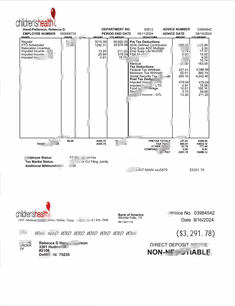 美国儿童健康工资单 Word 和 PDF 模板USA Children’s Health Paystub Word And PDF Template-橙黄跨境，美国英国法国德国意大利各国证件驾照ID一个专业证件ID帮你KYC一路前行的网站