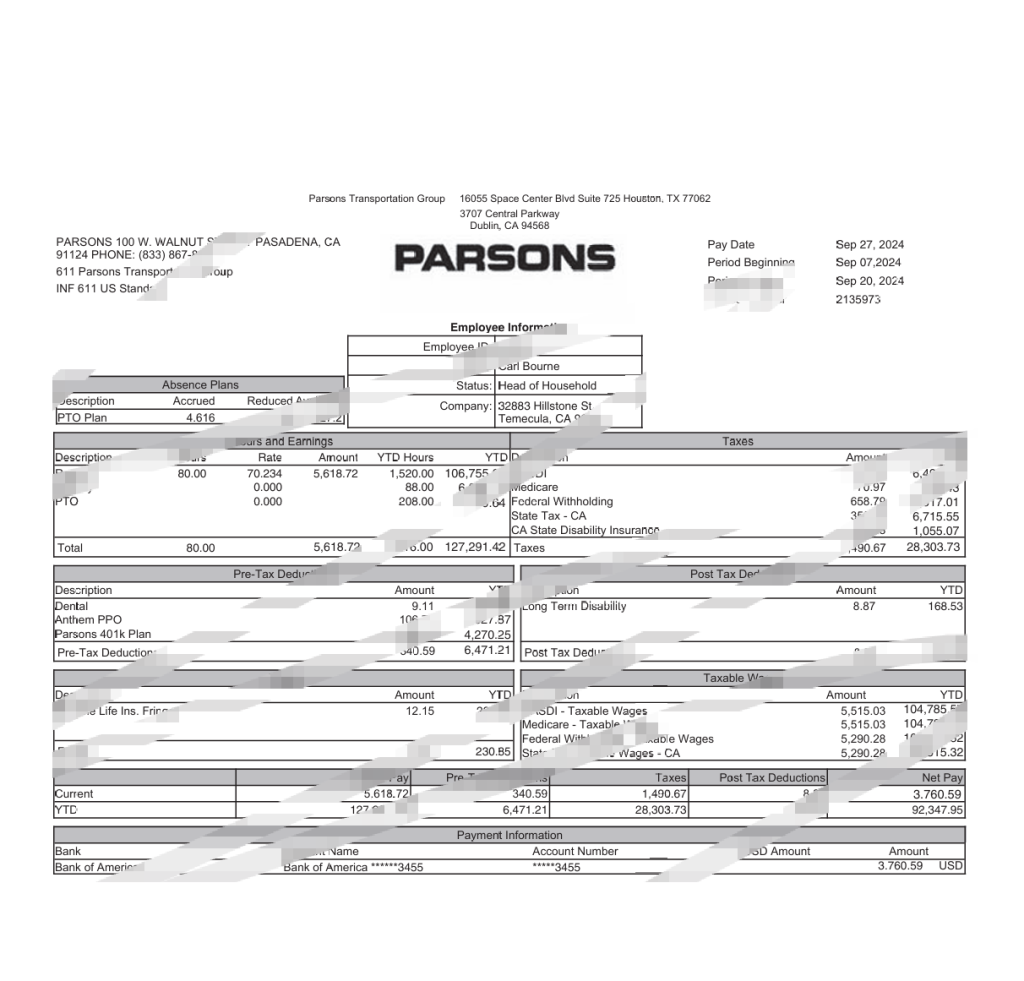 美国帕森斯运输集团工资单 Word 和 PDF 模板USA Parsons Transportation Group Paystub Word And PDF Template-橙黄跨境，美国英国法国德国意大利各国证件驾照ID一个专业证件ID帮你KYC一路前行的网站