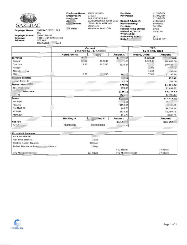 美国 Sazerac 工资单 Word 和 PDF 模板USA Sazerac Paystub Word And PDF Template-橙黄跨境，美国英国法国德国意大利各国证件驾照ID一个专业证件ID帮你KYC一路前行的网站