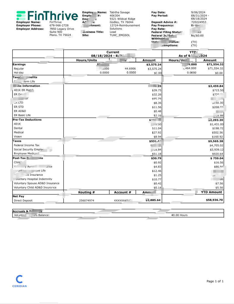 美国 FinThrive 工资单 Word 和 PDF 模板USA FinThrive Paystub Word And PDF Template-橙黄跨境，美国英国法国德国意大利各国证件驾照ID一个专业证件ID帮你KYC一路前行的网站