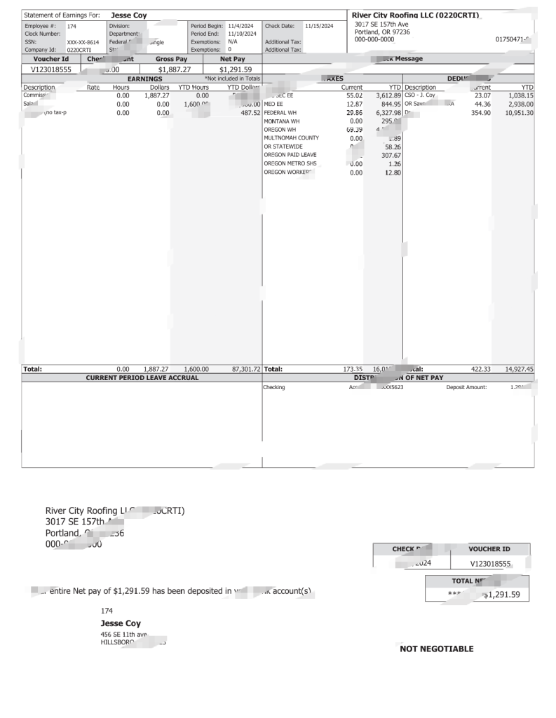 美国河城屋顶有限公司工资单 Word 和 PDF 模板USA River City Roofing LLC Paystub Word And PDF Template-橙黄跨境，美国英国法国德国意大利各国证件驾照ID一个专业证件ID帮你KYC一路前行的网站