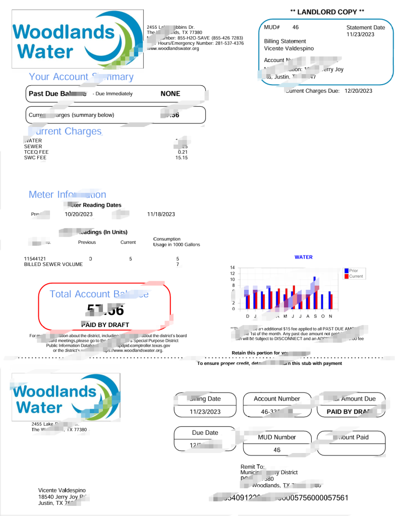 美国伍德兰兹水务账单 Word 和 PDF 模板USA Woodlands Water Utility Bill Word And PDF Template-橙黄跨境，美国英国法国德国意大利各国证件驾照ID一个专业证件ID帮你KYC一路前行的网站