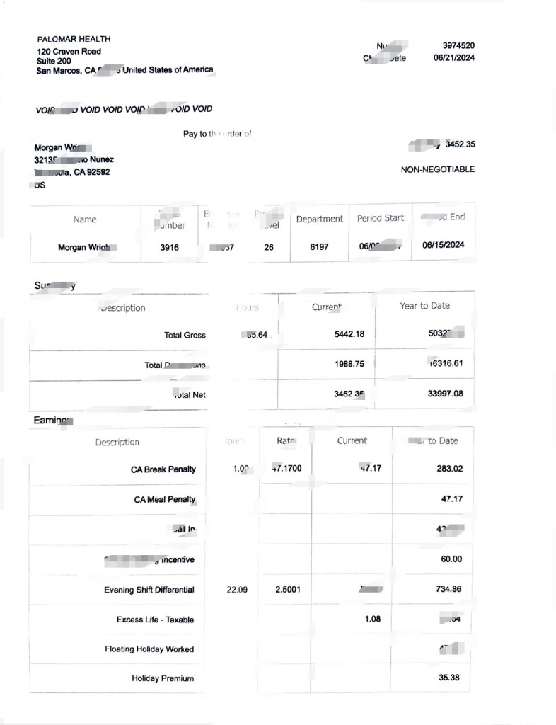 美国帕洛玛健康工资单 Word 和 PDF 模板（6 页）USA Palomar Health Paystub Word And PDF Template (6 Pages)-橙黄跨境，美国英国法国德国意大利各国证件驾照ID一个专业证件ID帮你KYC一路前行的网站