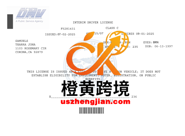 美国加州车辆管理局临时驾驶执照模板USA California Department of Motor Vehicles Interim Driver License Template-橙黄跨境，美国英国法国德国意大利各国证件驾照ID一个专业证件ID帮你KYC一路前行的网站