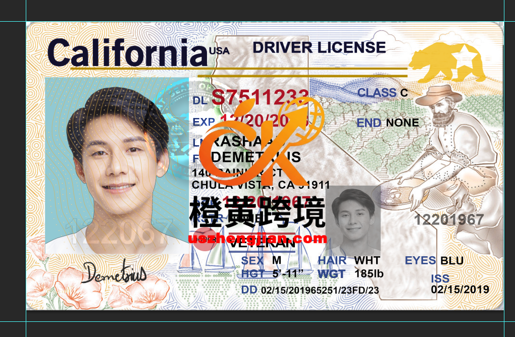 美国加利福利亚州新版驾驶证/驾照PSD模板（V4版）California New Driver’s License PSD Template (V4 Version)-橙黄跨境，美国英国法国德国意大利各国证件驾照ID一个专业证件ID帮你KYC一路前行的网站