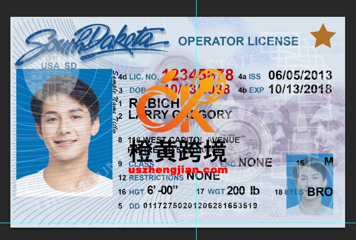 美国 南达科他州驾照/驾驶证PSD/Photoshop/PS模板(打印版)South Dakota Driver’s License PSD/Photoshop/PS Template (Print Version)-橙黄跨境，美国英国法国德国意大利各国证件驾照ID一个专业证件ID帮你KYC一路前行的网站
