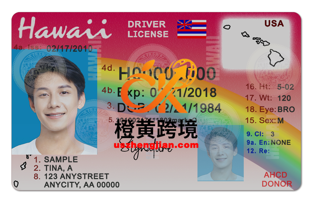 美国夏威夷驾照PSD模板 (V3)US Hawaii Driver’s License PSD Template (V3)-橙黄跨境，美国英国法国德国意大利各国证件驾照ID一个专业证件ID帮你KYC一路前行的网站