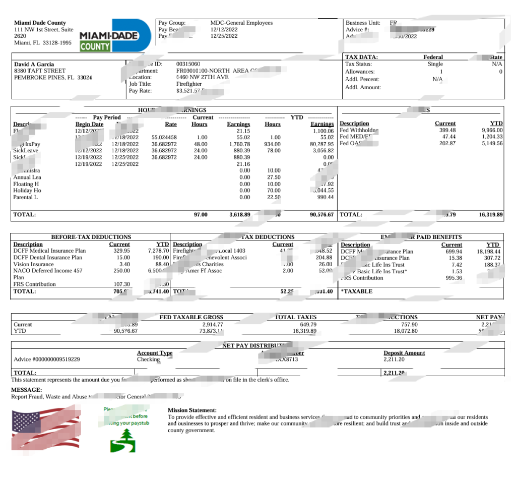 美国迈阿密-戴德县工资单 Word 和 PDF 模板USA Miami-Dade County Paystub Word And PDF Template-橙黄跨境，美国英国法国德国意大利各国证件驾照ID一个专业证件ID帮你KYC一路前行的网站